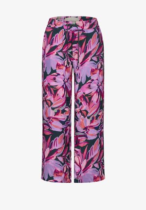 Kwiatowe spodnie szerokie w ciemnym granacie z dużym różowym i fioletowym nadrukiem kwiatowym. Posiadają luźny krój oraz elastyczny pas z sznurkiem do regulacji.