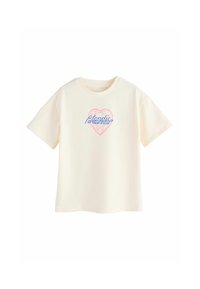 Kerman lyhyt hiha T-paita, jossa on vaaleanpunainen sydänkuvio ja sinisellä kirjoitettu "Blondie" ja "Heart of Glass". Valmistettu pehmeästä puuvillamateriaalista.