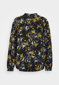 Camisa de mangas longas preta com estampado floral em tons de amarelo, branco e roxo. Apresenta um fecho com botões na frente e um colarinho redondo.
