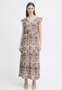 Robe maxi en tissu léger avec un motif géométrique multicolore, dotée d'un décolleté en V, de manches volantes et d'une taille à cordon.