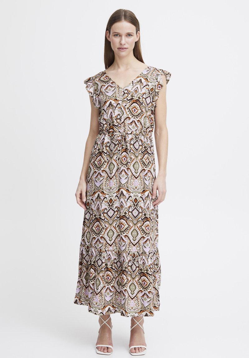 Robe maxi en tissu léger avec un motif géométrique multicolore, dotée d'un décolleté en V, de manches volantes et d'une taille à cordon.