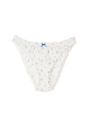 White ruffled bikini-style underwear with small blue floral patterns and a tiny blue bow at the center front waistband.