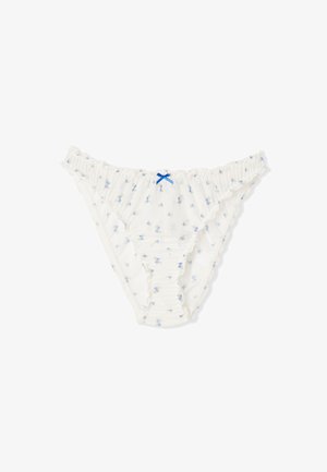 White ruffled bikini-style underwear with small blue floral patterns and a tiny blue bow at the center front waistband.