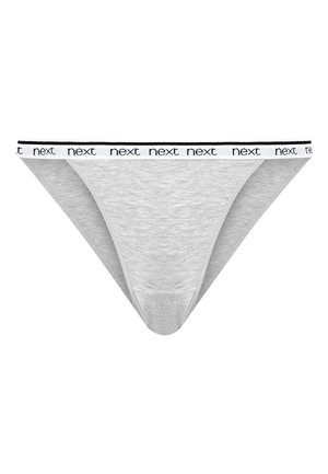 Tanga grigia in cotone con una texture liscia. Presenta una cintura bianca decorata con il nome del marchio "next" in lettere nere.