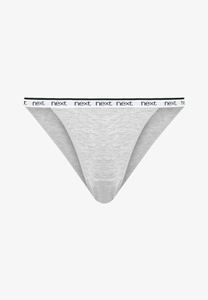 Pilkas medvilninis thong tipo apatinis trikotažas su lygiu paviršiumi. Yra balta juosta, puošta prekės ženklo pavadinimu "next" juoda rašyba.