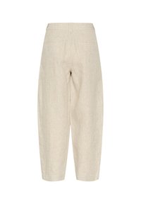 Lichtbeige linnen broek met een relaxte pasvorm, voorzien van een vlakke tailleband, twee achterzakken en een gestructureerde stof.
