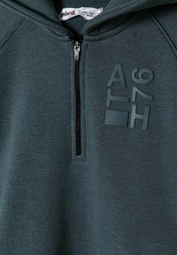 Tumši zaļš zip-up džemperis ar teksturētu audumu, kas piedāvā augstu apkakli, priekšējo rāvējslēdzēju un drosmīgas reljefas burtiem uz krūšu daļas.