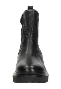 Zwarte leren enkelboot met een gestructureerde afwerking, ronde neus, zijrits en een stevige rubberen zool voor grip.