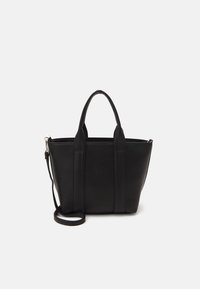 Black leather tote bag with dual top handles, a detachable shoulder strap, vertical seams, and a sleek, structured silhouette.