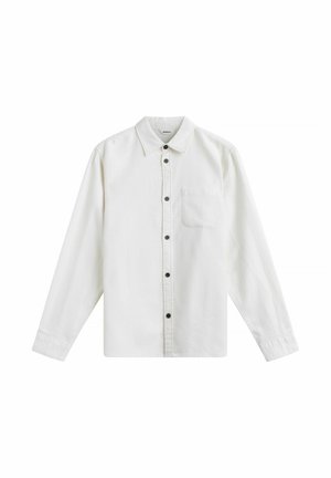 White long-sleeve button-up shirt with a collar and chest pocket, displayed flat on a white background.