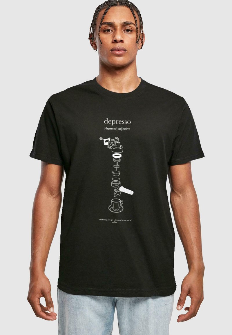 Black cotton t-shirt featuring white graphic design of a coffee-making process and text definition of "depresso" centered on the front.