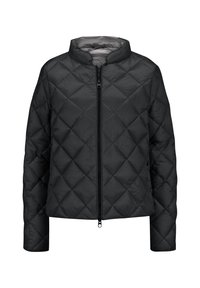 Schwarze gesteppte Jacke mit hohem Kragen, vorderem Reißverschluss und langen Ärmeln. Besitzt eine elegante, glatte Textur und ein Rautenmuster.
