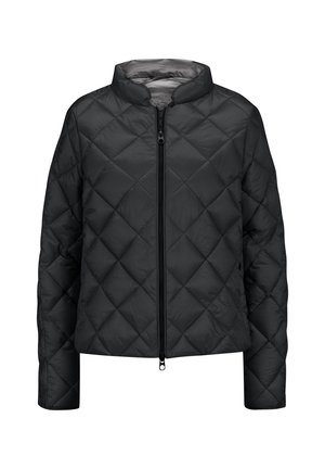 Schwarze gesteppte Jacke mit hohem Kragen, vorderem Reißverschluss und langen Ärmeln. Besitzt eine elegante, glatte Textur und ein Rautenmuster.