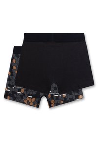 Boxershortenset met één effen zwarte paar en één patroon paar met een grijs, zwart en bruin geometrisch ontwerp. Zachte stof, elastische tailleband.