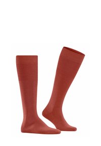 Calze alte fino al ginocchio di un rosso ruggine uniforme, realizzate in un tessuto liscio e elastico con un bordo superiore a coste per una vestibilità sicura.