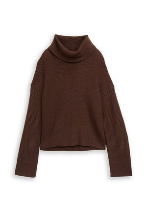 Suéter marrón de cuello alto acanalado con un corte relajado, que cuenta con mangas largas y un dobladillo corto. El material texturizado realza el detalle visual.