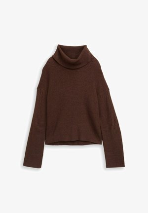 Suéter marrón de cuello alto acanalado con un corte relajado, que cuenta con mangas largas y un dobladillo corto. El material texturizado realza el detalle visual.