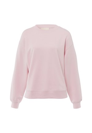 Sudadera rosa con cuello redondo, diseño de hombros caídos, puños de canalé y una tela suave y texturizada.