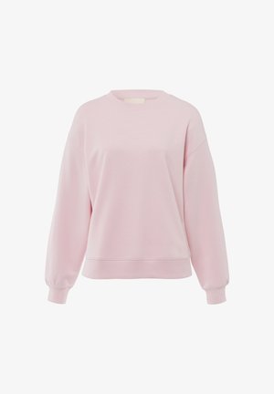 Sudadera rosa con cuello redondo, diseño de hombros caídos, puños de canalé y una tela suave y texturizada.