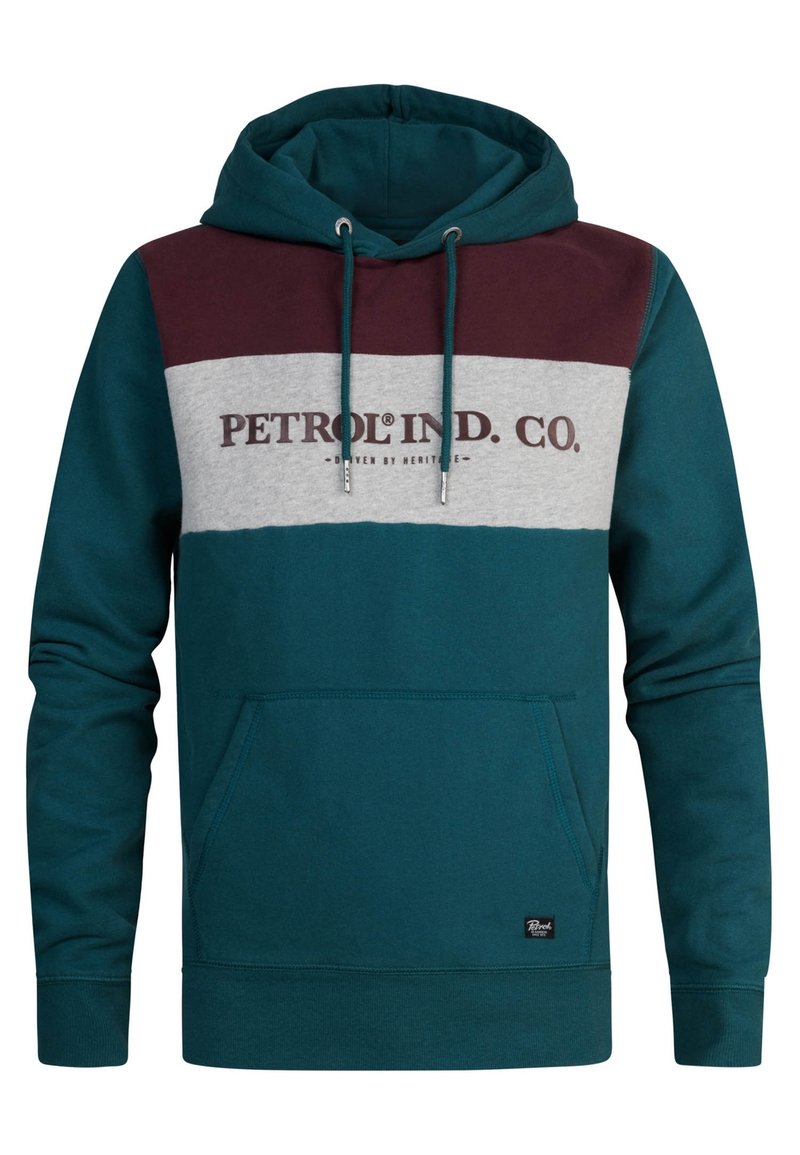 Felpa con cappuccio in teal, bordeaux e grigio. Presenta una tasca frontale, cordini e logo stampato sul petto. Materiale in miscela di cotone.