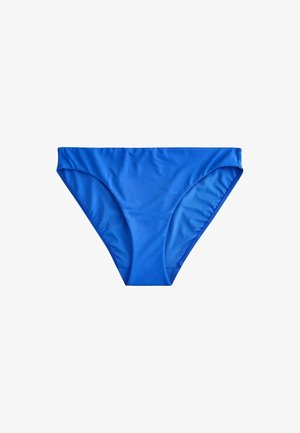 Blå kvinders bikinibund med enkelt design, glat stof og elastisk taljebånd på hvid baggrund.