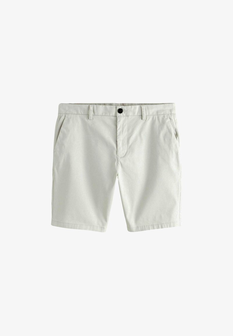 Shorts décontractés pour hommes de couleur gris clair avec passants de ceinture, poches sur les côtés, fermeture à boutons et braguette zippée, présentés à plat sur un fond blanc.