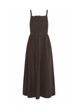 Robe maxi sans manches marron foncé avec un corsage ajusté orné de broderies florales et une jupe fluide et froncée.