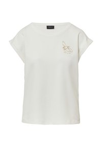 T-shirt crème à manches courtes en tissu doux, présentant une broderie d'abeille dorée et le texte "Let it be" sur le devant. Encolure ronde.