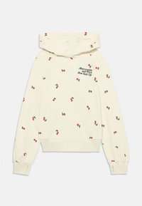 Cremfarbener Hoodie mit einer Vorderentasche, der ein ganzflächiges Kirschmuster und schwarzen Text "Abercrombie & Fitch New York City" auf der Brust hat.
