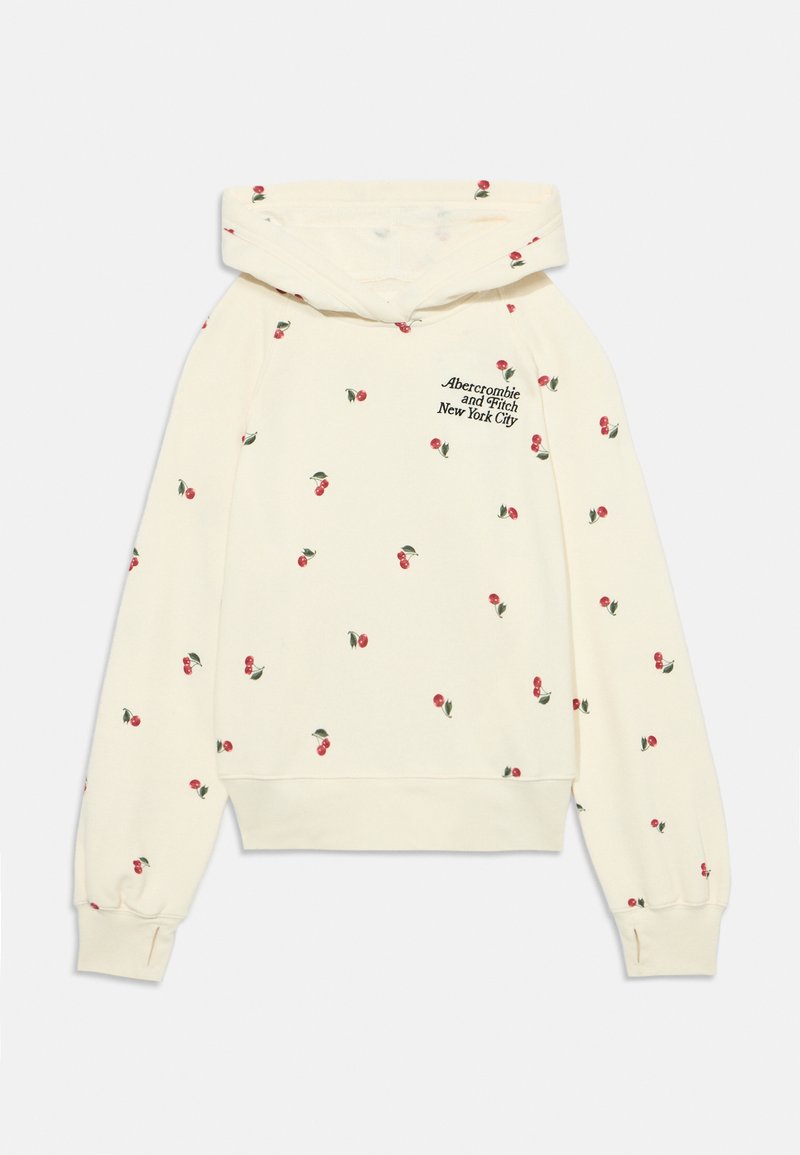Cremfarbener Hoodie mit einer Vorderentasche, der ein ganzflächiges Kirschmuster und schwarzen Text "Abercrombie & Fitch New York City" auf der Brust hat.