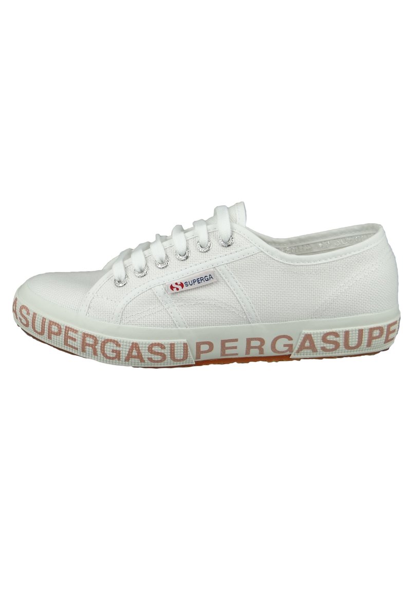 White canvas sneakers with rubber sole, featuring a red "SUPERGA" logo on the side and textured surfaces, rounded toe, and six eyelets.