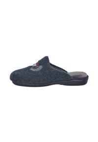 Pantuflas para hombre de color azul marino, suave y sin cordones, con diseño bordado de alas y escudo y suela negra.