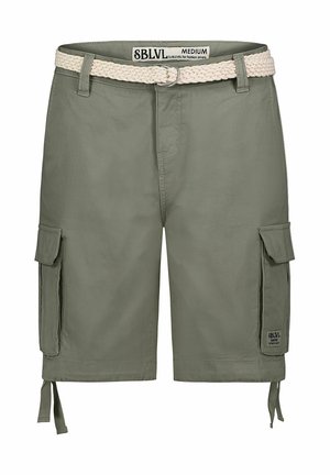 Olive green cargo shorts made of cotton, featuring a braided beige belt, multiple side pockets, and adjustable ties at the hem.
