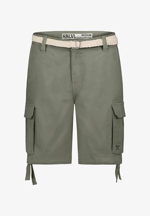 Olive green cargo shorts made of cotton, featuring a braided beige belt, multiple side pockets, and adjustable ties at the hem.