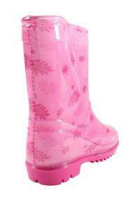 Botte de pluie translucide rose avec des motifs floraux et de feuilles roses plus foncés et une semelle texturée pour une meilleure adhérence.