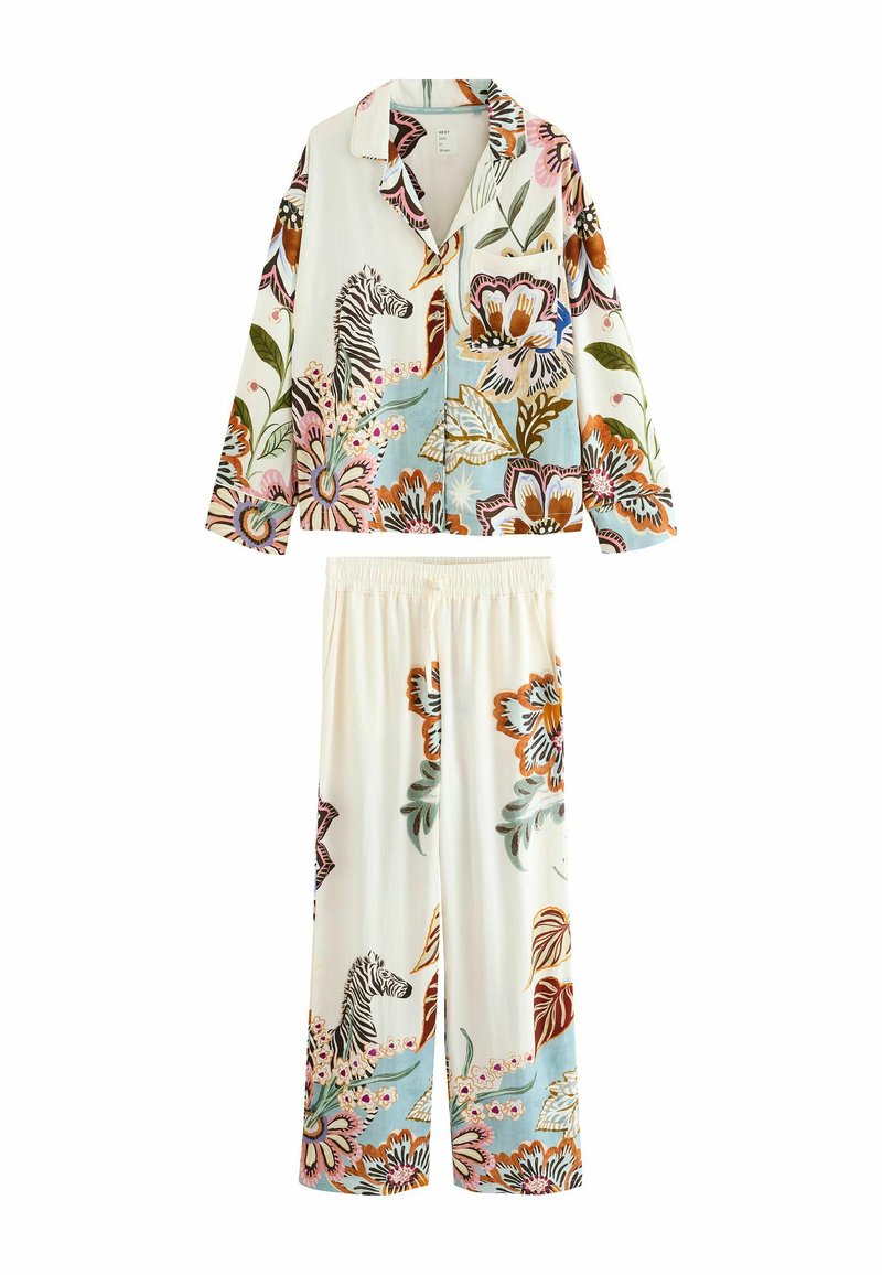 Zweiteiliger Schlafanzug mit langen Ärmeln und Hose, ausgestattet mit mehrfarbigen Blumen- und Zebramustern auf einem cremefarbenen Hintergrund.