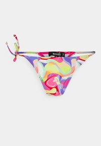 Parte de baixo de biquíni colorida com um padrão em espiral nas cores rosa, roxo, amarelo e verde, com laços laterais ajustáveis e material de nylon.