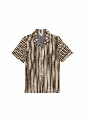Cămașă cu mânecă scurtă, cu nasturi, având un model în zigzag în nuanțe de bej, maro și negru. Fabricată dintr-un material ușor, cu guler în formă de V.
