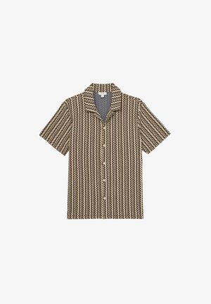 Short-sleeve button-up shirt featuring a zigzag pattern in beige, brown, and black. Made from lightweight fabric with a notched collar.