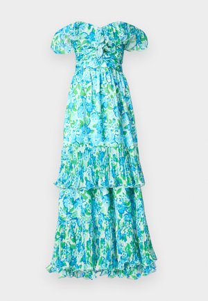 Λουλουδάτο maxi φόρεμα σε αποχρώσεις του μπλε και του πράσινου. Διαθέτει μανίκια χωρίς ώμους, ruffles σε στρώσεις και εφαρμοστό bodice με ρίγες.