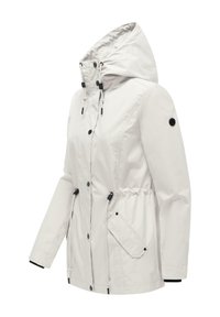 Helebeežide kapuutsiga jope esinappade, reguleeritavate vöö nöörte, klapitaskute ja varrukal väikese musta logoplaasiga.