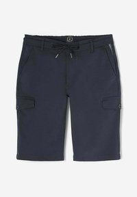 Marine cargoshorts, gemengd katoen, elastische tailleband met trekkoord, zijzakken, en twee zijcargozakken met klep en knoopsluitingen.