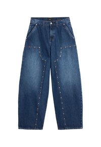 Wide-leg denim jeans in dark blue with a faded design. Features multiple pockets and metal button details along the sides. Classic five-pocket style.