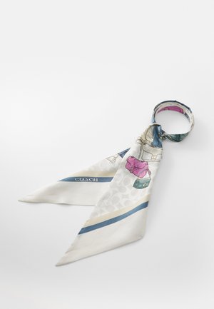 Silk tørklæde med en hvid baggrund og illustrationer af multikolorede håndtasker, herunder en pink og grøn taske, med en blå og beige kant.