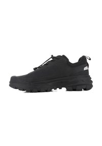 Black hiking shoes with a textured upper, rubber sole, and supportive design. Features a textured pattern and elastic laces.