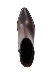 Brown leather ankle boot with pointed toe and side zipper, viewed from above on a white background.