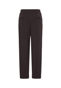 Pantalon de costume noir à jambes droites avec poches passepoilées arrière, vu de dos sur fond blanc.