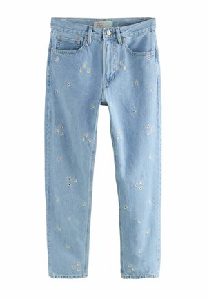 Jean en denim bleu clair avec de petites marguerites blanches et jaunes brodées dispersées sur le tissu, avec poches avant et passants de ceinture.