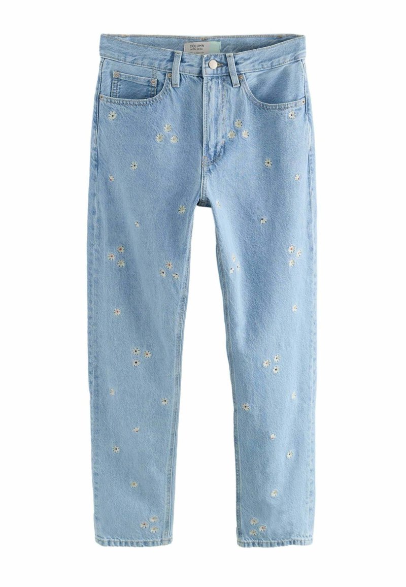 Jean en denim bleu clair avec de petites marguerites blanches et jaunes brodées dispersées sur le tissu, avec poches avant et passants de ceinture.