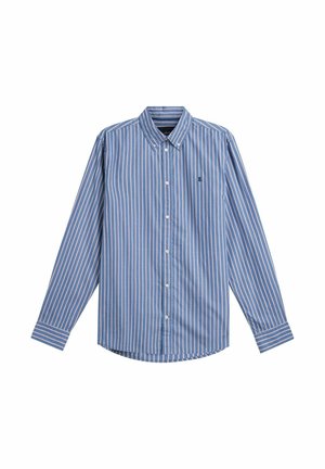 Niebiesko-biała koszula w paski z długim rękawem i kołnierzykiem zapinanym na guziki, z małym logo na piersi i zakrzywionym dołem.